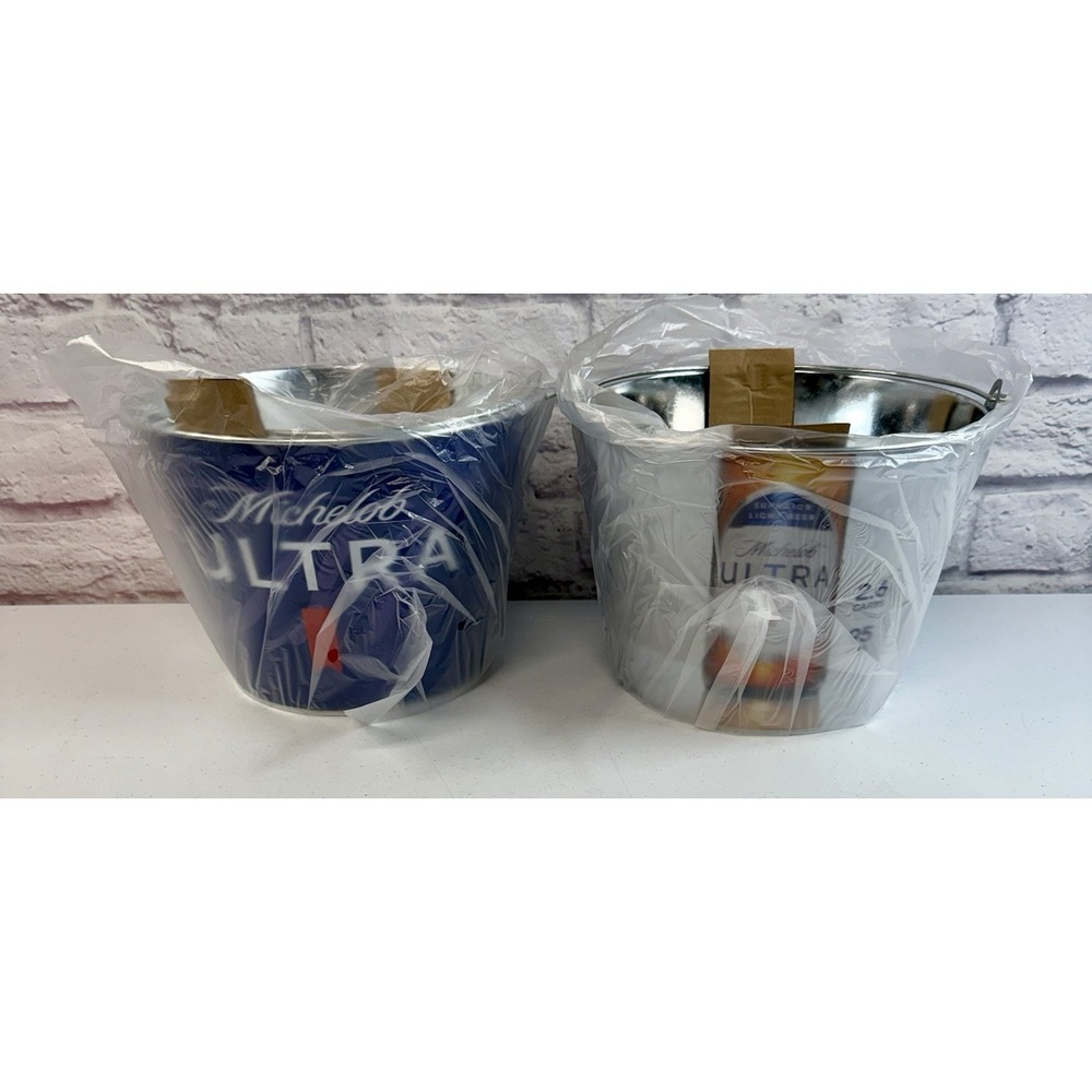 Michelob Ultra Metal Beer Bucket Ice Bucket Barware Party Tub Set Of 2 Pair NEW!